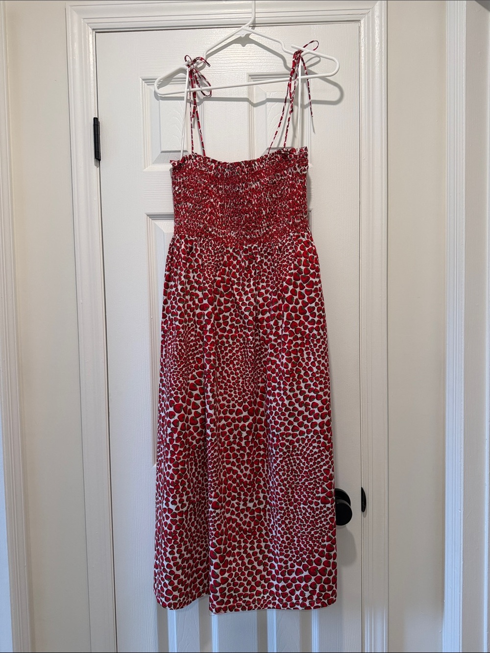 J. Crew Red Smocked Midi Dress with Tie Straps